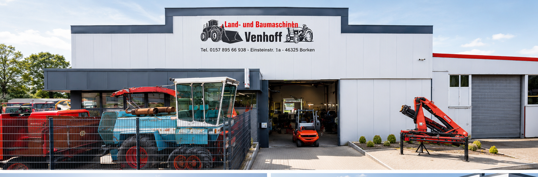 Frontansicht der Halle von Land- und Baumaschinen Venhoff in Borken