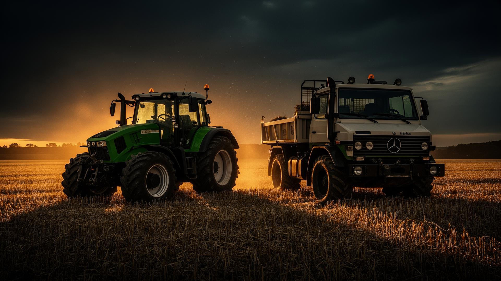 Traktor und Unimog im Abendlicht auf einem Feld